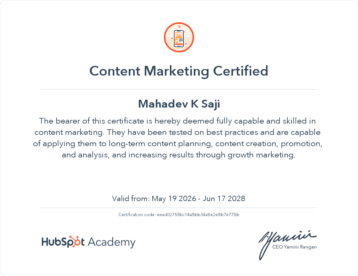 Mahadev K Saji Content Marketing Certificate